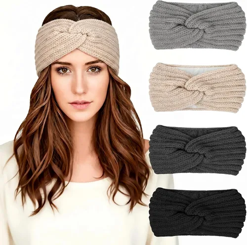 Vista 13 de Chalier Winter Headbands for Women, Crochet Ear Warmer Headband Beige/Negro/Gris Oscuro/Rojo
