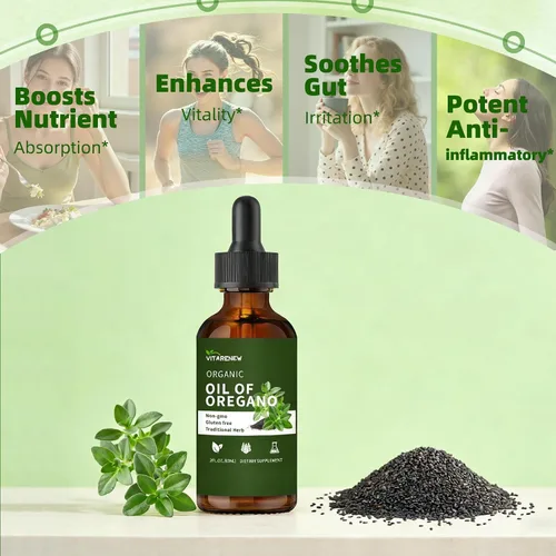 Vista 6 de Gotas de aceite de orégano orgánico Aceite de orégano con aceite de semilla negra, infundido con vitamina E, 80% Carvacrol para apoyo