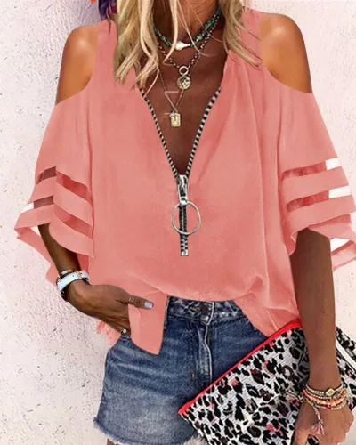 Vista 2 de Cnkwei Womens Cold Shoulder V-Neck Blouses Zip Up Mesh Panel Loose Casual Shirts