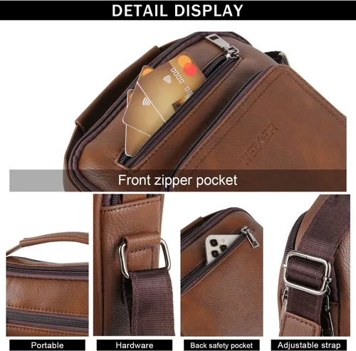 Vista 4 de KUANG! Bolso de hombro para hombre, de piel sintética, bolso de mensajero de negocios, maletín de viaje, cruzado con múltiples bolsillos