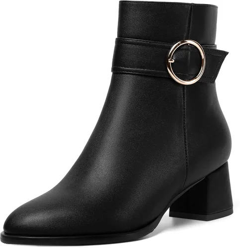 Vista 21 de MERRORI Botas altas de tacón bajo mate mate con cremallera y punta redonda para mujer, 2 pulgadas Beige
