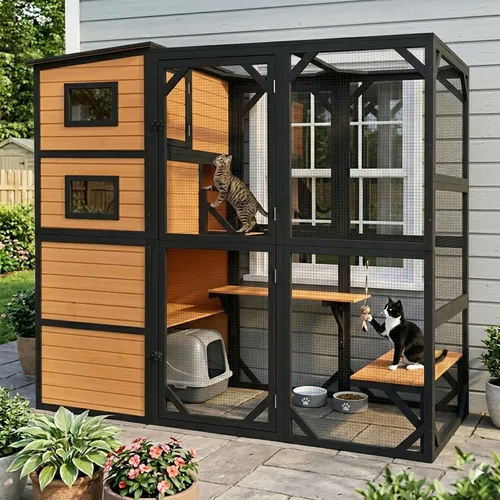 Vista 7 de Gran recinto para gatos Catio al aire libre, resistente a la intemperie, con techo impermeable, múltiples plataformas, hamaca para cueva de gato