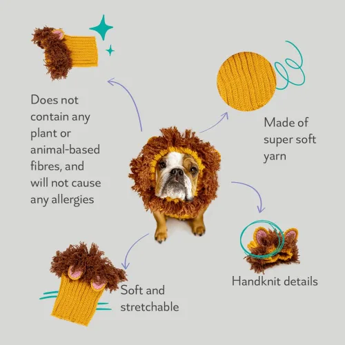 Vista 2 de Zoo Snoods Disfraz de león – Redecilla tejida para perro de melena para mascotas, cubierta cálida para el cuello para Halloween e invierno (S)