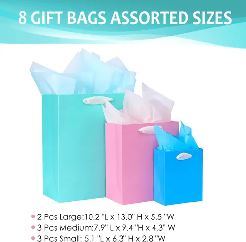 Vista 2 de Nihuecne Paquete de 8 bolsas de regalo coloridas de varios tamaños con papel de seda para cumpleaños, baby showers, Pascua y más