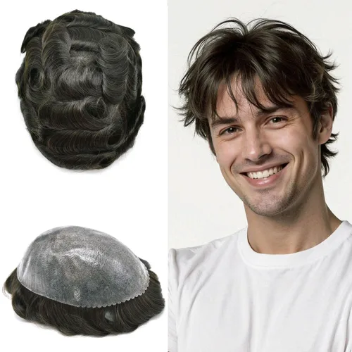 Vista 172 de Toupee for Men Hair Piece Real Human Hair Full Poly Skin Mens Toupee Mens Hair System Injected PU Hair System Invisible Hairpiece for