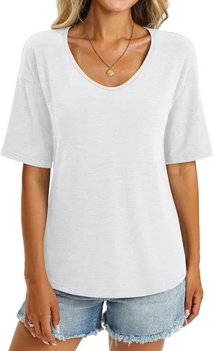 Vista 3 de Camisetas básicas de verano con cuello en V para mujer, con longitud al codo, ajuste holgado