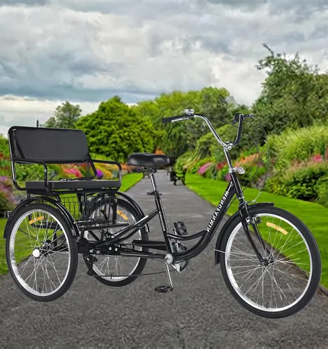 Vista 2 de Triciclo para adultos de 7 velocidades, bicicletas de 3 ruedas con asiento trasero, triciclo para adultos de 20/24 pulgadas, ruedas bajas con cesta