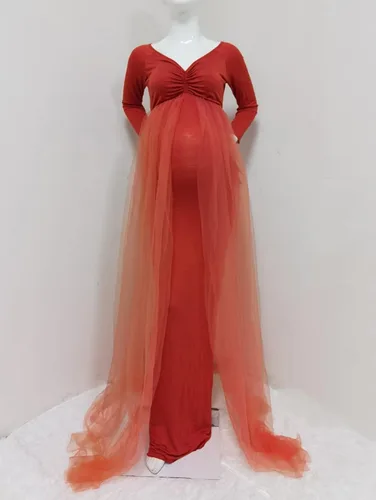 Vista 5 de ZIUMUDY Vestido de maternidad de tul con hombros descubiertos para sesión de fotos, vestido de fotografía ajustado de manga larga para baby shower