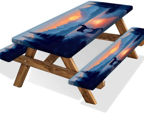Vista 21 de Funda para Mesa de Picnic con Fundas para Bancos y Bolsa, Campista de Madera Impermeable Resistente al Viento, Cubierta de Mantel Ajustada con Borde