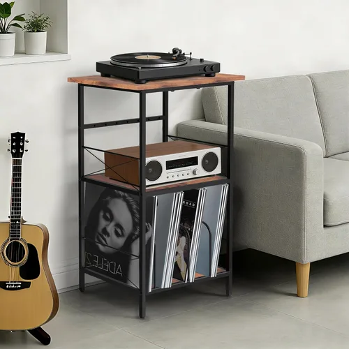 Vista 3 de Soporte para tocadiscos con 4 divisores ajustables, almacenamiento de discos de vinilo con capacidad para 200 LPs, mesa auxiliar de 3 capas, mesa