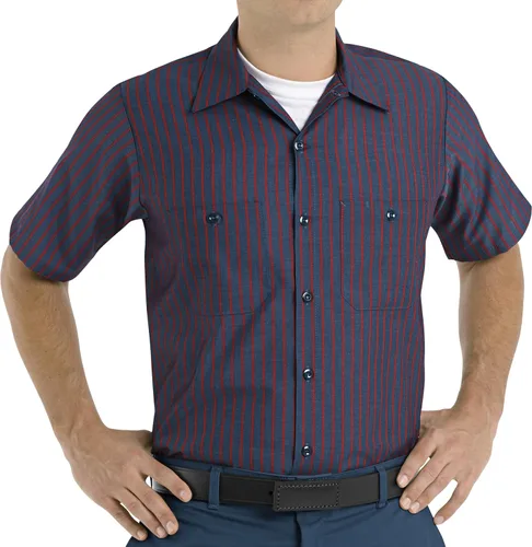 Vista 25 de Red Kap - Camisa de trabajo industrial para hombre, ajuste regular, manga corta 4-Azul Gm/Raya blanca