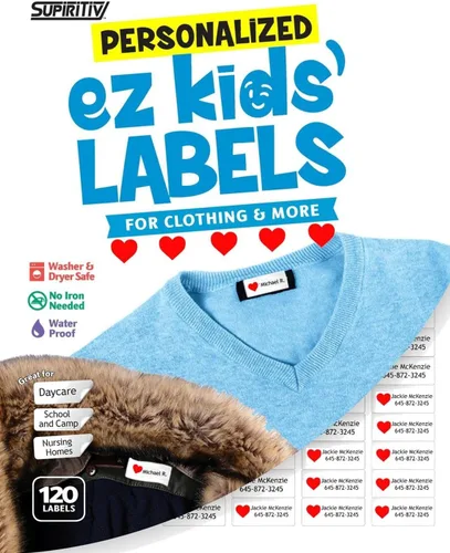 Vista 4 de 120 etiquetas de nombre impermeables personalizadas, icono de bola, autoadhesivas, para ropa, escuela, campamento, enfermería, juguetes, multiusos