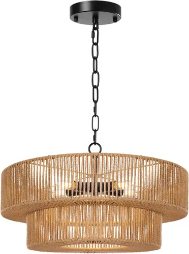 Vista 8 de LamQee Candelabros de Ratán Estilo Granja de 22 Pulgadas, Lámpara de Araña Boho de 5 Luces con Pantalla de Mimbre Tejida a Mano, Luces Colgantes