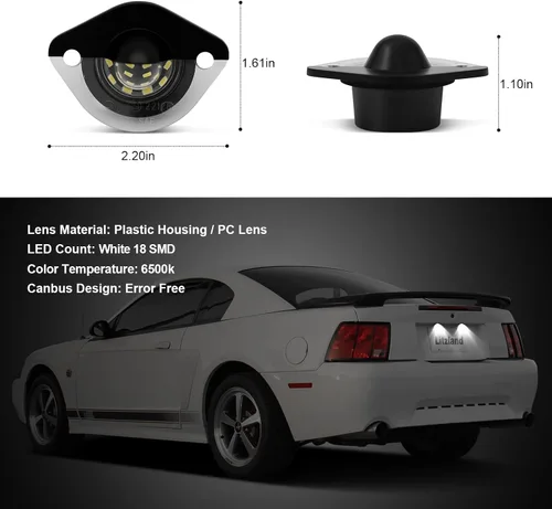 Vista 5 de litzland Conjunto de 2 luces LED para placa de matrícula compatible con Ford Mustang 1994 1995 1996 1997 1998 1999 2000 2001 2002 2003 2004 Canbus