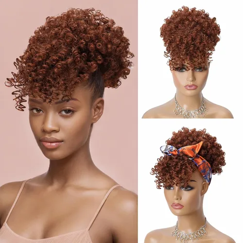 Vista 14 de Cola de caballo con cordón para mujeres negras Afro Puff Cola de caballo con cordón con flequillo Cola de caballo corta crespa y rizada Moño cola