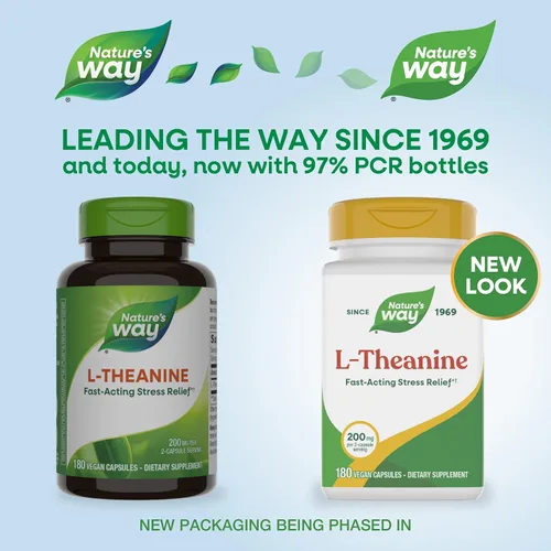 Vista 2 de Nature's Way L-teanina, apoyo al estrés.*, promueve la relajación*, 200 mg por porción de 2 cápsulas, vegano, 180 cápsulas (el embalaje puede variar)