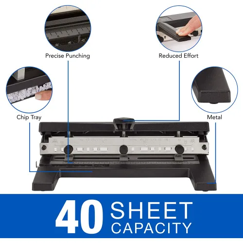 Vista 5 de Swingline Perforadora de 3 agujeros resistente, capacidad de 40 hojas, perforadora de tres agujeros, 3 anillos, perforadora de papel ajustable de 2