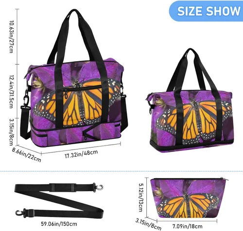 Vista 3 de Monarch Butterfly Flower Bolsa de viaje deportiva para hombres y mujeres, bolsa de gimnasio con compartimento para zapatos y correa para el hombro