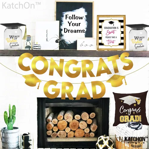 Vista 8 de KatchOn, Banner de graduación de felicitaciones doradas y negras con purpurina, 10 pies, pancarta de graduación dorada y negra, guirnalda de gorra