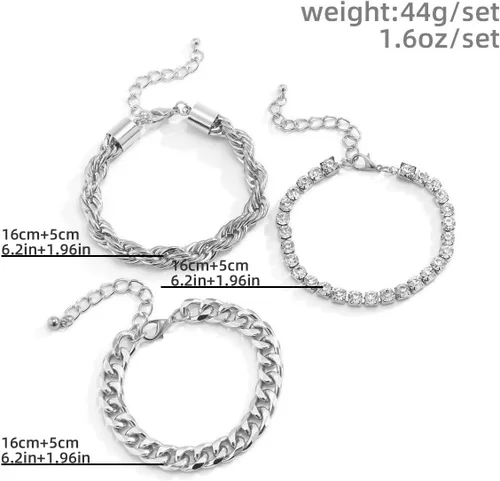 Vista 5 de Octwine Juego de pulseras de diamantes de imitación de moda para mujer, oro y plata, con colgante grueso, cadena apilable, brazalete ajustable