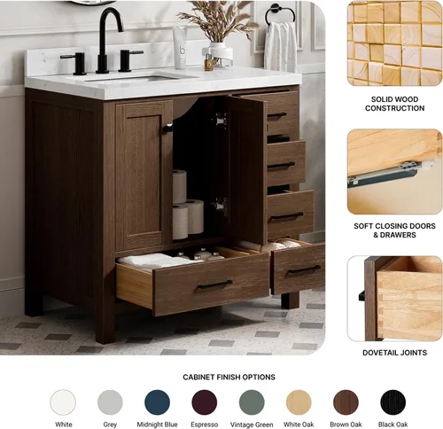 Vista 3 de ARIEL Cambridge Mueble base de tocador de baño de 36 pulgadas, madera maciza, 2 puertas de cierre suave, 5 cajones de cola de milano, roble marrón