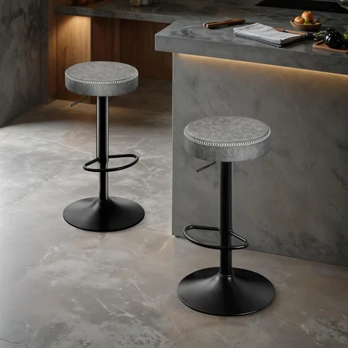 Vista 3 de STOOLINK Juego de 2 taburetes de bar ajustables sin respaldo de cocina con asiento redondo, taburetes de bar giratorios de 360° de altura de Gris