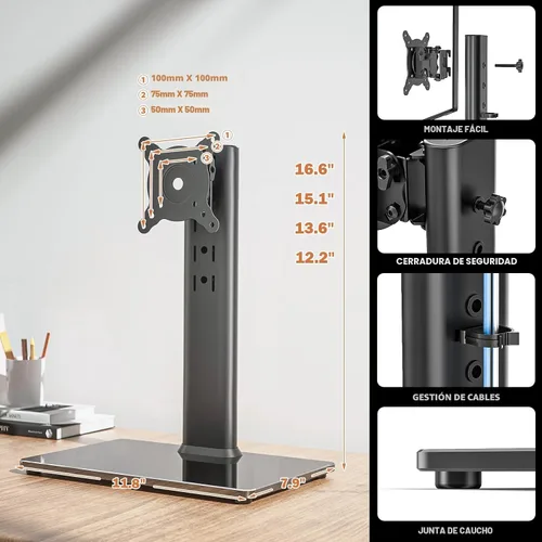 Vista 6 de Soporte de escritorio independiente elevador de montaje para monitor de computadora LCD individual para pantalla de 13 a 32 pulgadas con giro Negro