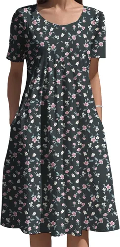 Vista 17 de Vestidos bohemios para mujer, estampado floral, manga corta, cuello redondo, talla grande, vestido de vacaciones con bolsillos para verano 2025