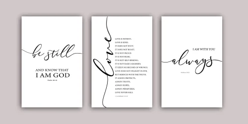 Vista 9 de Lienzo impreso con versículos bíblicos, galería de arte para pared, juego de 3 impresiones, Be Still, Love is Patient, I am with you Always, arte