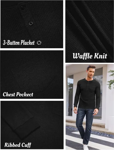 Vista 4 de COOFANDY Camisas Henley de manga larga para hombre con bolsillo