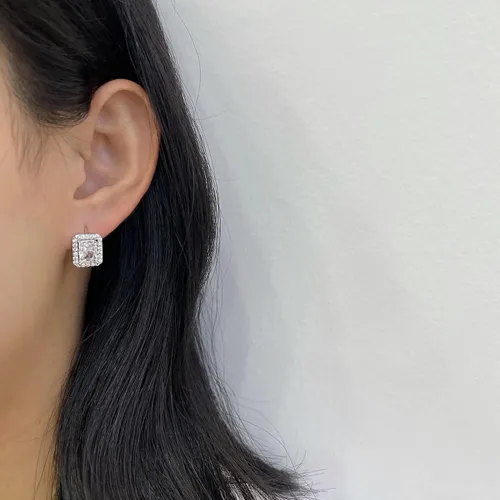 Vista 2 de White Gold Plated 925 Sterling Silver Small CZ Halo Huggie Hoop Earrings Rectangle