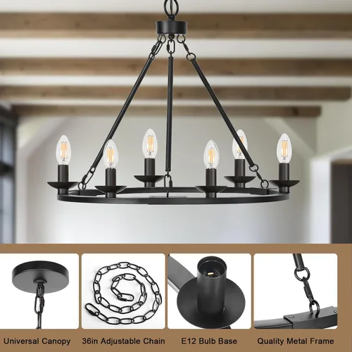 Vista 10 de Candelabro negro de granja, lámpara colgante de rueda de carro de 6 luces