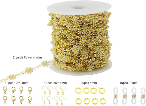 Vista 2 de Cadena de eslabones de girasol esmaltada hecha a mano con fornituras de latón chapado en oro para hacer joyas, máscara de vidrio, zapatos, Cc02