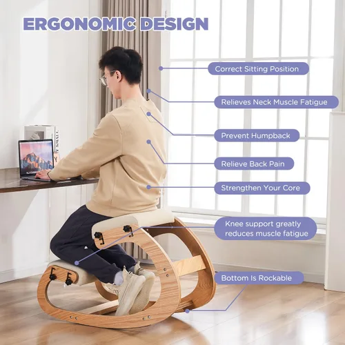 Vista 4 de Silla ergonómica, mecedora ajustable para oficina en casa, silla de rodilla de madera para aliviar el dolor de espalda, color beige