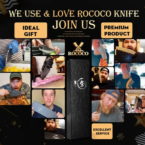 Vista 7 de ROCOCO - Cuchillo de carnicero para carne con vaina - Cuchillo de corte de carne forjado a mano con funda para BBQ al aire libre, camping, idea