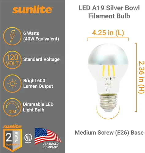 Vista 2 de Sunlite 80509 - Bombilla LED A19 transparente estilo filamento, 6 vatios (equivalente a 40 vatios), 600 lúmenes, 120 voltios, regulable, base E26