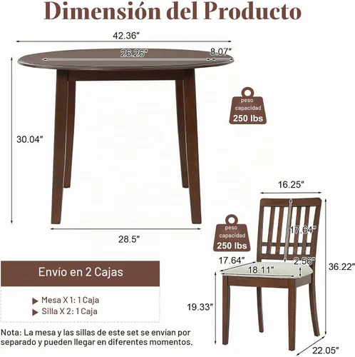 Vista 3 de P PURLOVE Juego de comedor redondo de 3 piezas para 2, mesa de madera