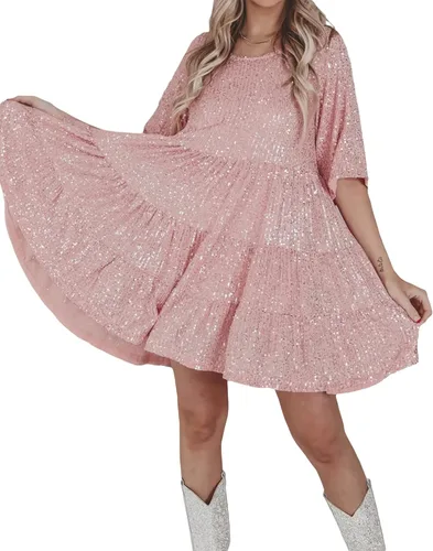 Vista 4 de Vestido de lentejuelas brillantes para mujer, cuello redondo, manga corta, color sólido, suelto, con purpurina, vestido de muñeca de bebé, fiesta