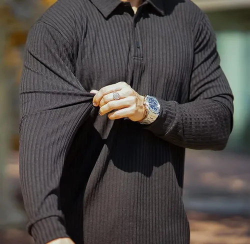 Vista 2 de GINGTTO Polo y suéter de manga larga para hombre ajuste delgado elástico casual elegante con botones