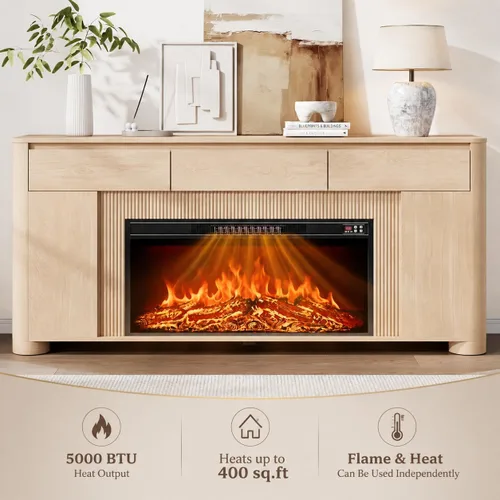 Vista 3 de Soporte de TV con chimenea de 70 pulgadas para televisores de 80 pulgadas Natural
