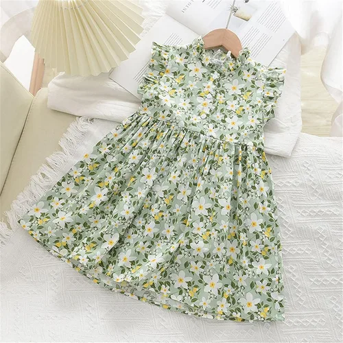 Vista 2 de Lethez Vestido de bebé para niñas pequeñas, vestido con botones, floral, sin mangas, con volantes