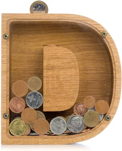 Vista 5 de Alcancía de madera personalizada con letra para niños, niñas y adultos, bancos de monedas de madera de roble duradero, 3 tamaños para elegir