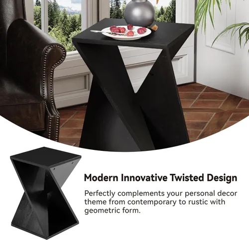Vista 4 de COZAYH Mesa auxiliar cuadrada de madera maciza estilo granja, soporte rústico para plantas con diseño trenzado para sala de estar, dormitorio, Negro