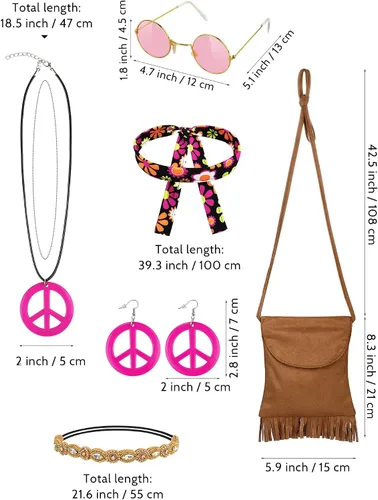 Vista 4 de Paquete de 8 disfraces hippie de los años 70 para mujer, manga superior, pantalones bohemios, acampanados, accesorios para disfraz de Halloween