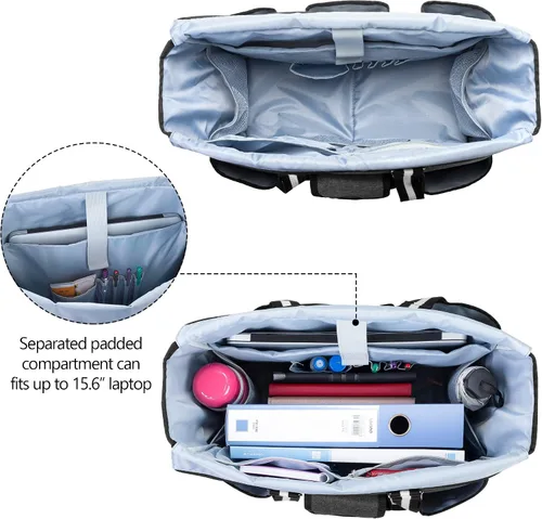 Vista 3 de CURMIO Bolsas y bolsas para profesores para mujer, bolsa de trabajo grande con funda para laptop para oficina, color negro