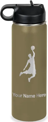 Vista 45 de LaserGram Botella de Agua Personalizada, Basketball Slam Dunk Man, Acero Inoxidable de Doble Pared con Aislamiento al Vacío con Pajita Abatible