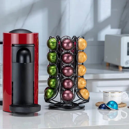 Vista 5 de FlagShip Soporte para cápsulas Nespresso, carrusel de cápsulas de café para almacenamiento de cápsulas Vertuo con cesta adicional de rodamiento