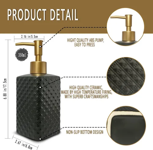 Vista 5 de Dispensador de jabón dorado para baño, dispensador de loción cuadrado negro, dispensador de jabón de manos de cerámica recargable para encimera
