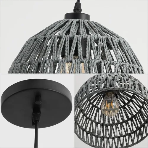 Vista 8 de JONATHAN Y Lámpara colgante LED de cuerda tejida bohemia moderna gris de 8.25 pulgadas, lámpara de techo de cúpula ajustable para isla de cocina