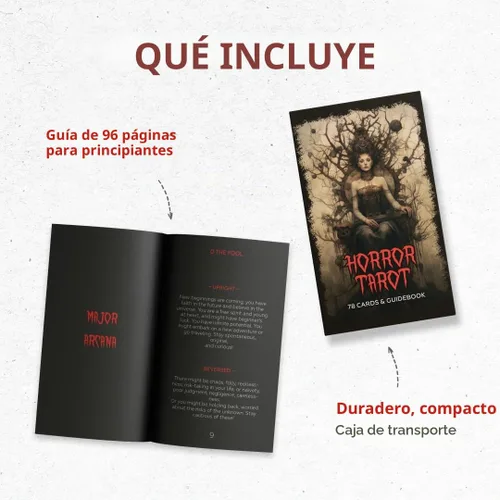 Vista 5 de CRAFTERIAN Tarjetas de tarot de terror, baraja de 78 cartas con bordes de aluminio, originales para principiantes y expertos con libro guía, juego